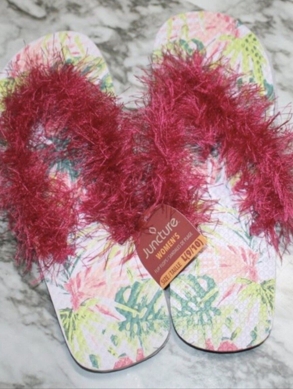 HAND CRAFTED Flip Flop Padded Thong Crochet Faux Fur Eyelash Yarn Hot Pink Shoes